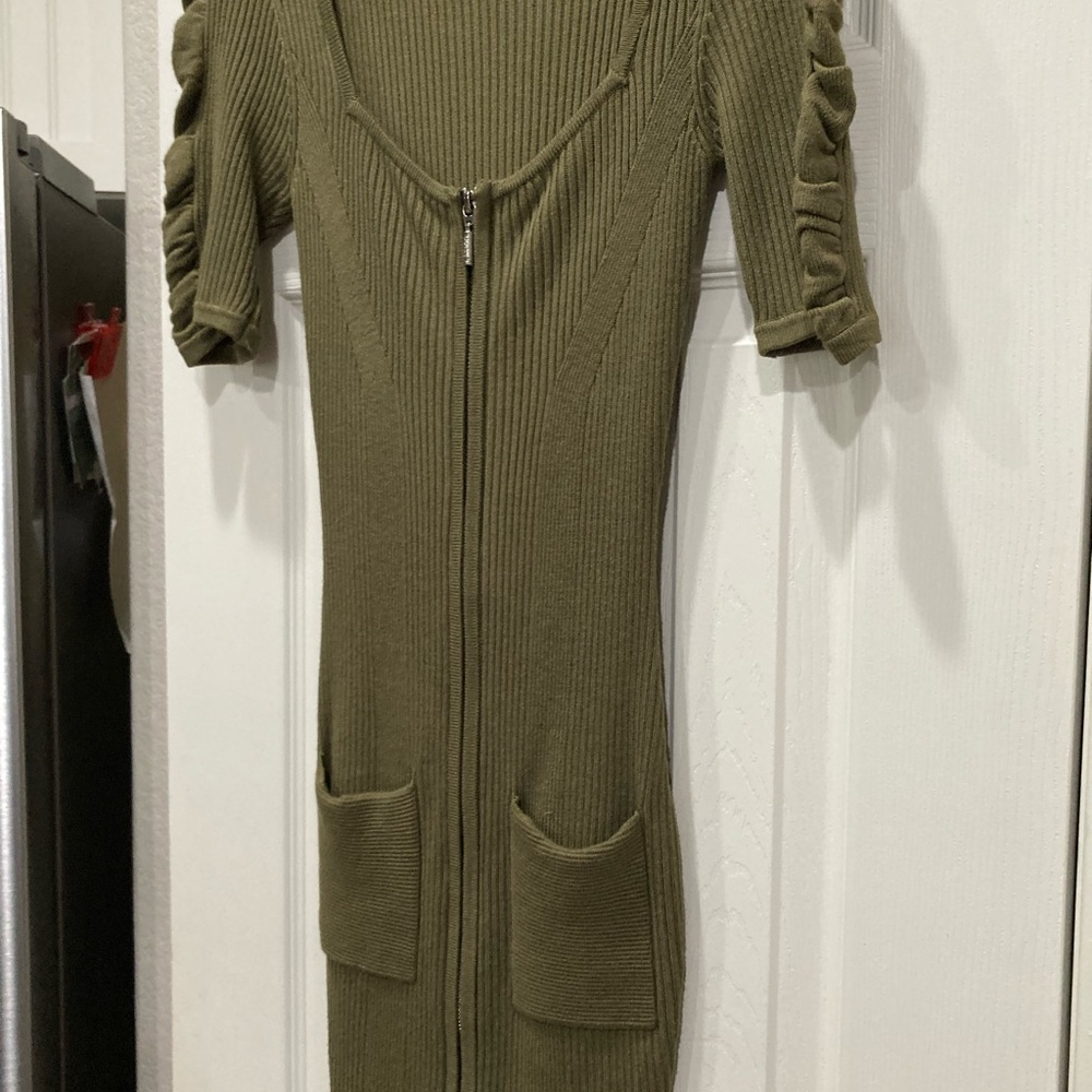 Guess Olive  Knit Dress with ruched sleeves.